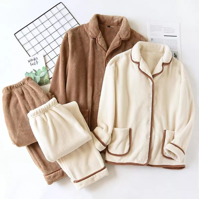 Autumn and winter new couples thickened coral fleece pajamas long-sleeved trousers two-piece flannel large size homewear suit Autumn and winter new couples thickened coral fleece pajamas long-sleeved trousers two-piece flannel large size homewear suit